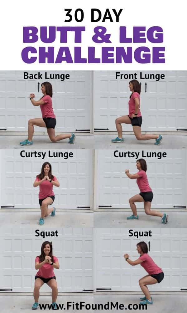 Woman demonstrating three exercises for butt and legs.