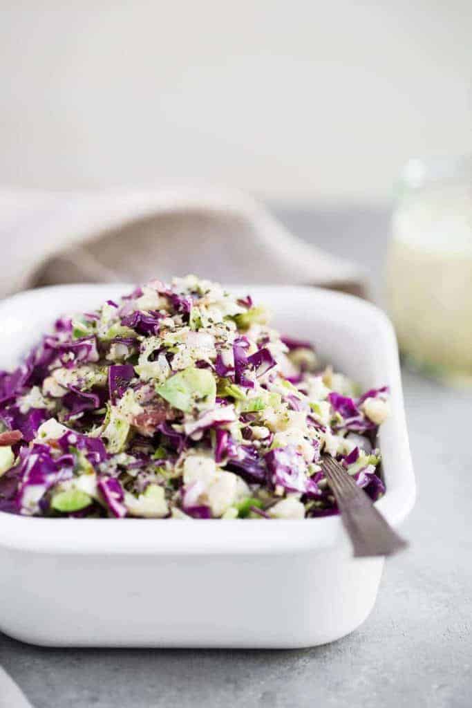 chopped brussels sprout slaw in serving bowl