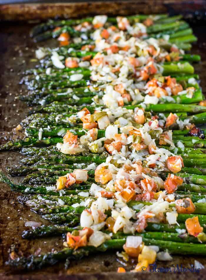 roasted asparagus with tomatoes and cheese