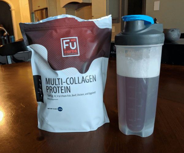 bag of collagen powder beside collagen added to flavored water