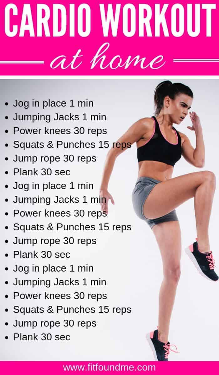 Woman doing power knees cardio workout and list of exercises.