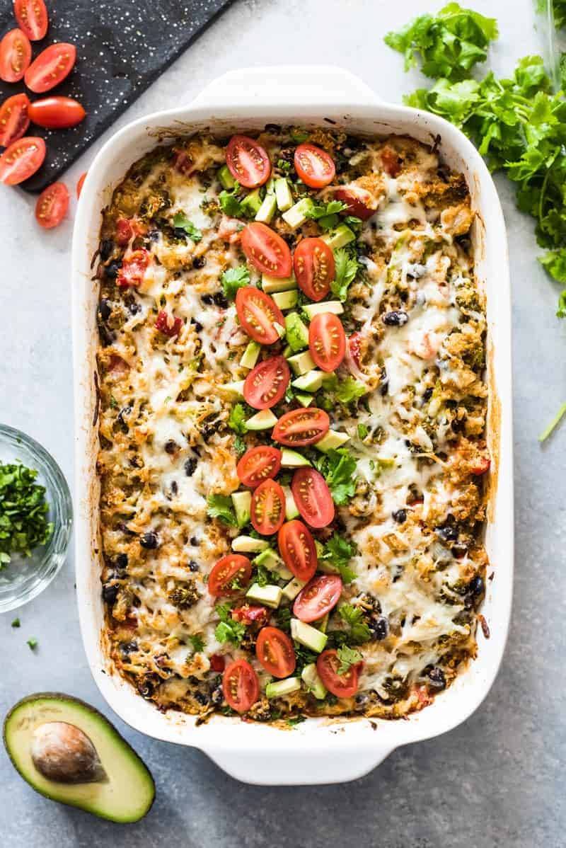Quinoa with mexican food in an enchilada casserole with broccoli