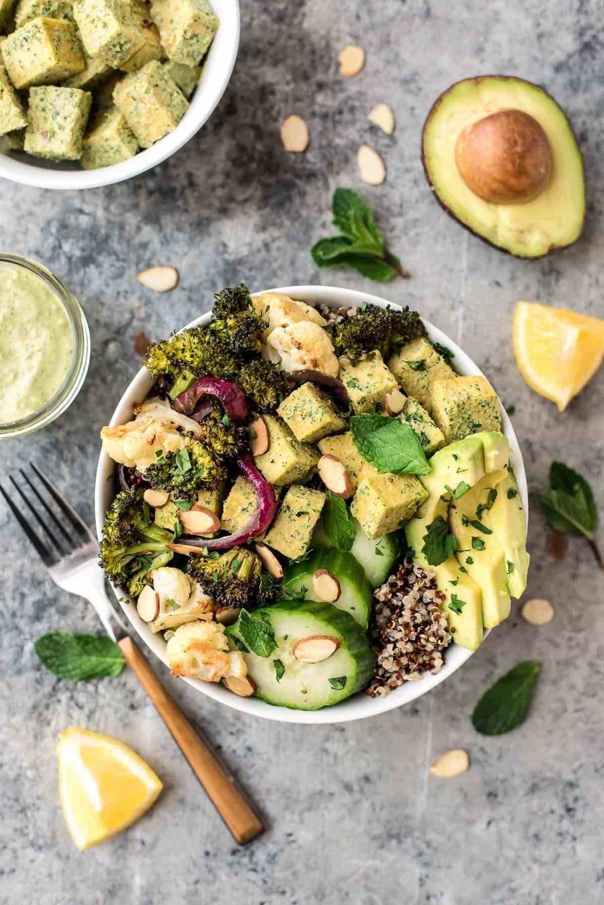 Roasted veggie bowl with quinoa, avocado