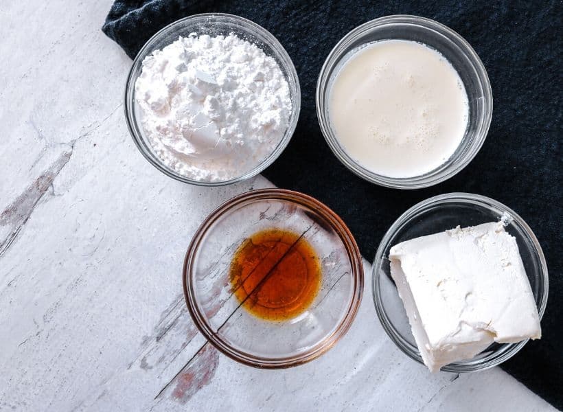 cream cheese drizzle ingredients in bowls
